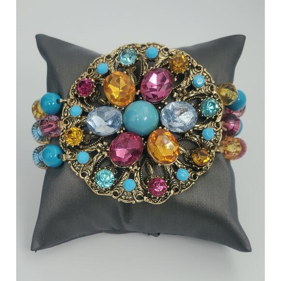 Vintage Triple Strand Medallion Statement Necklace and Stretch Bracelet Set  NOS - Picture 6 of 8